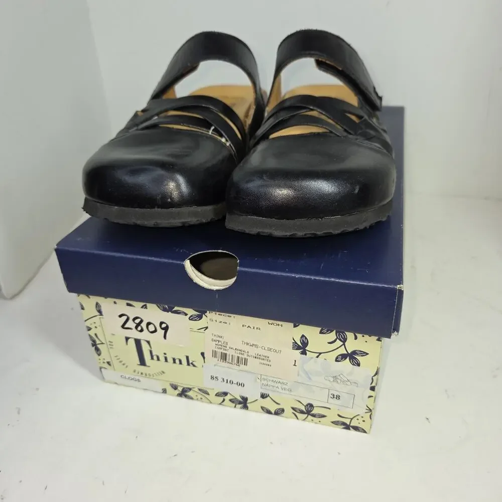 Think! Nappa Slide Sandals Black Leather Cutout Cork Comfort Sz 7 Womens Shoes - Picture 2 of 11
